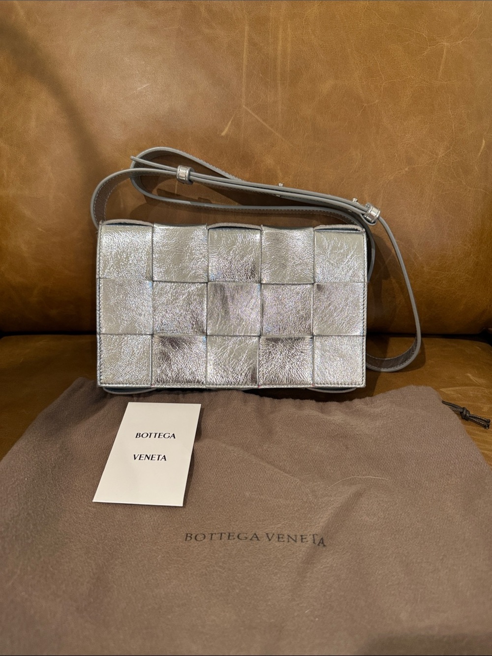 Bottega Veneta Silver Metallic Intrecciato Crossbody Bag